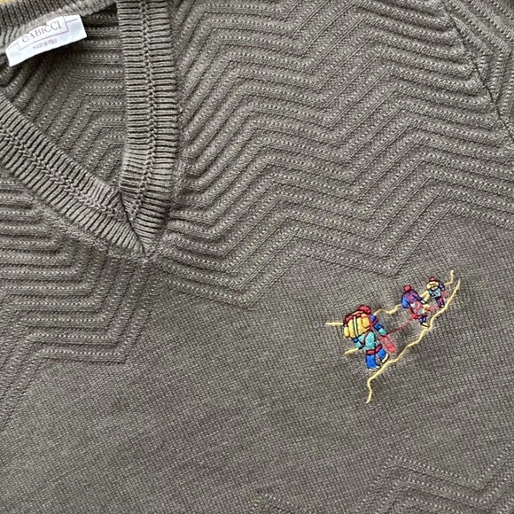 Vintage Gabicci Mens Wool Mix Jumper Taupe M Mountaineering Motif Pullover Retro - Picture 2 of 8